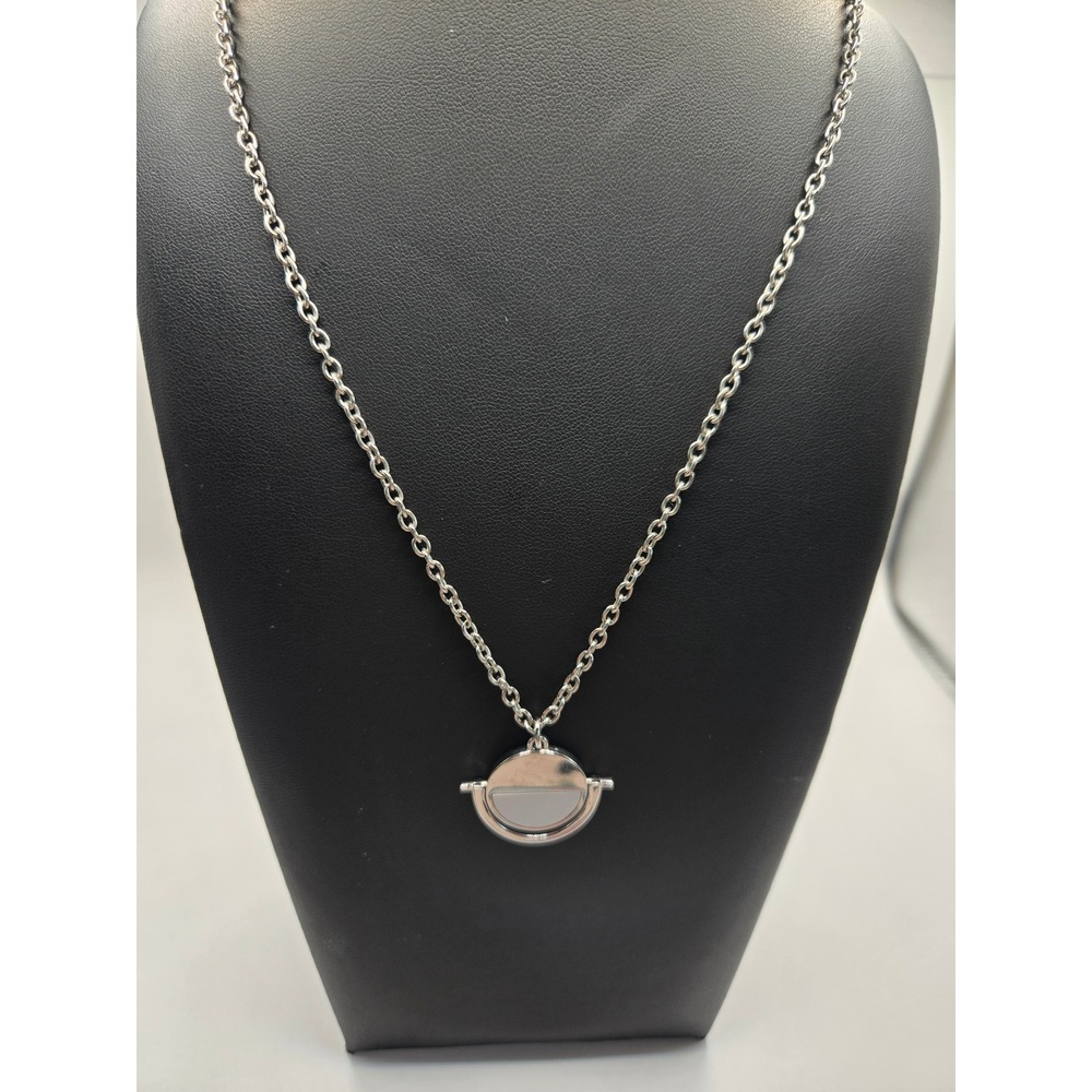 BaubleBar Silver Tone Rotating Geometric Pendant Necklace White Inlay Adjustable